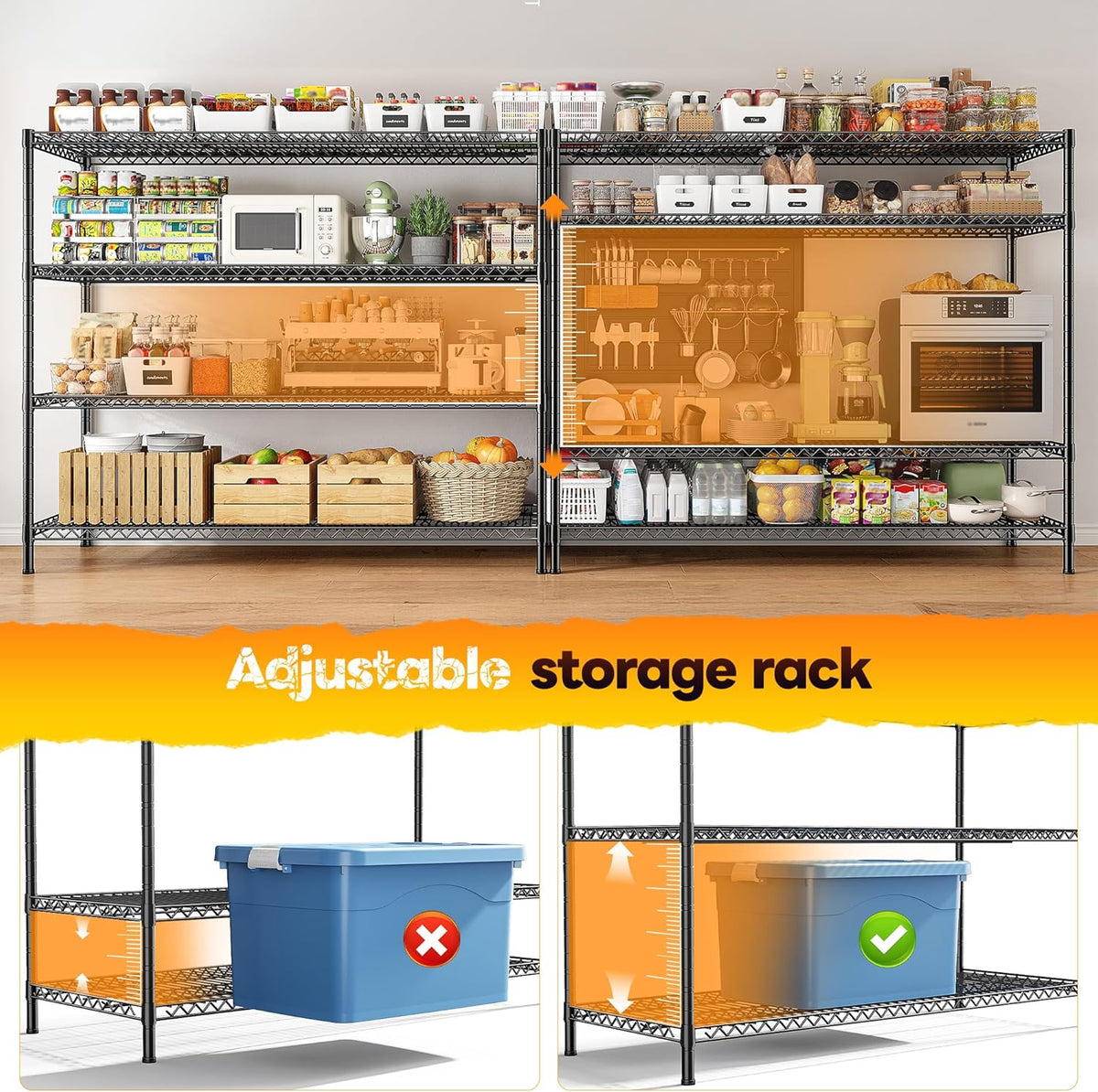 REIBII 2560LBS Storage Shelves 55.5"W Metal Shelving Unit 4 Tier Wire Shelving Commercial Adjustable Garage Shelving Heavy Duty for Storage Rack for Pantry, Garage, Kitchen, 55.5"W x 18"D x 55.5"H
