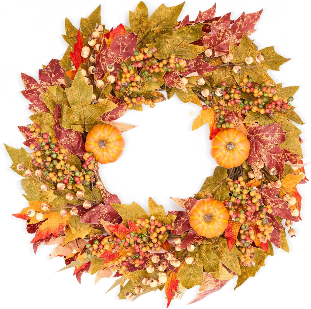 GENMOUS 24 Inch Fall Wreaths for Front Door, Autumn Maple Leaves Wreath for Home Porch Decor, Farmhouse Pumpkin Wreaths for Thanksgiving Halloween Harvest Festival Fall Decoration Outdoor Indoor Home