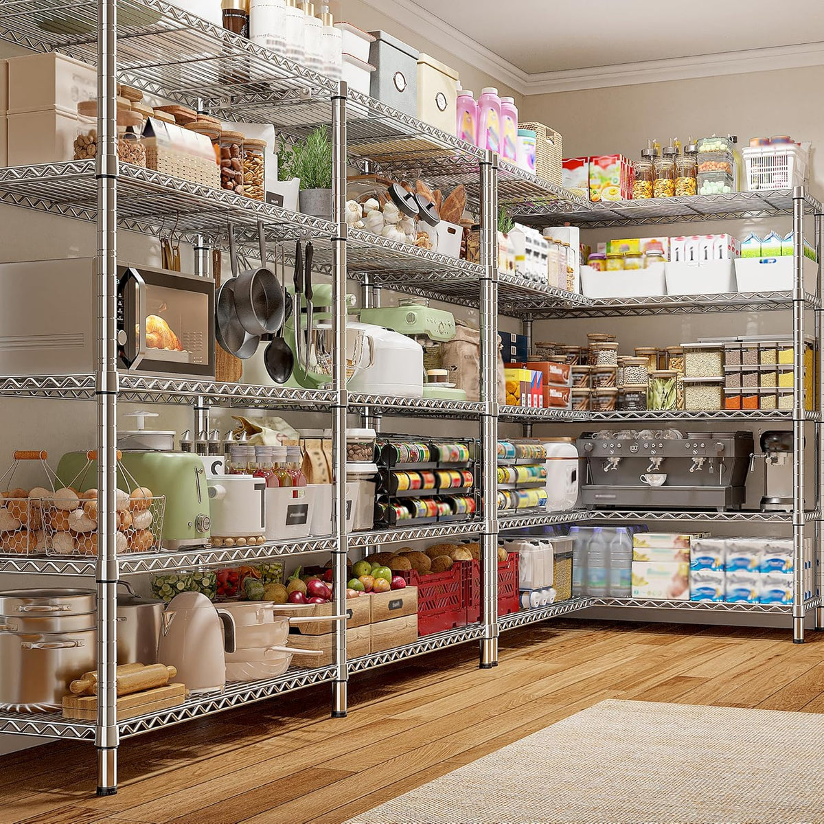 REIBII 1500LBS Storage Shelves 61.7''W Wire Shelving Unit 5 Tier Metal Shelving for Storage Rack Shelves Heavy Duty Garage Shelf Pantry Shelves Kitchen Shelving, 61.7" W*72.4" H*15.8" D, Chrome