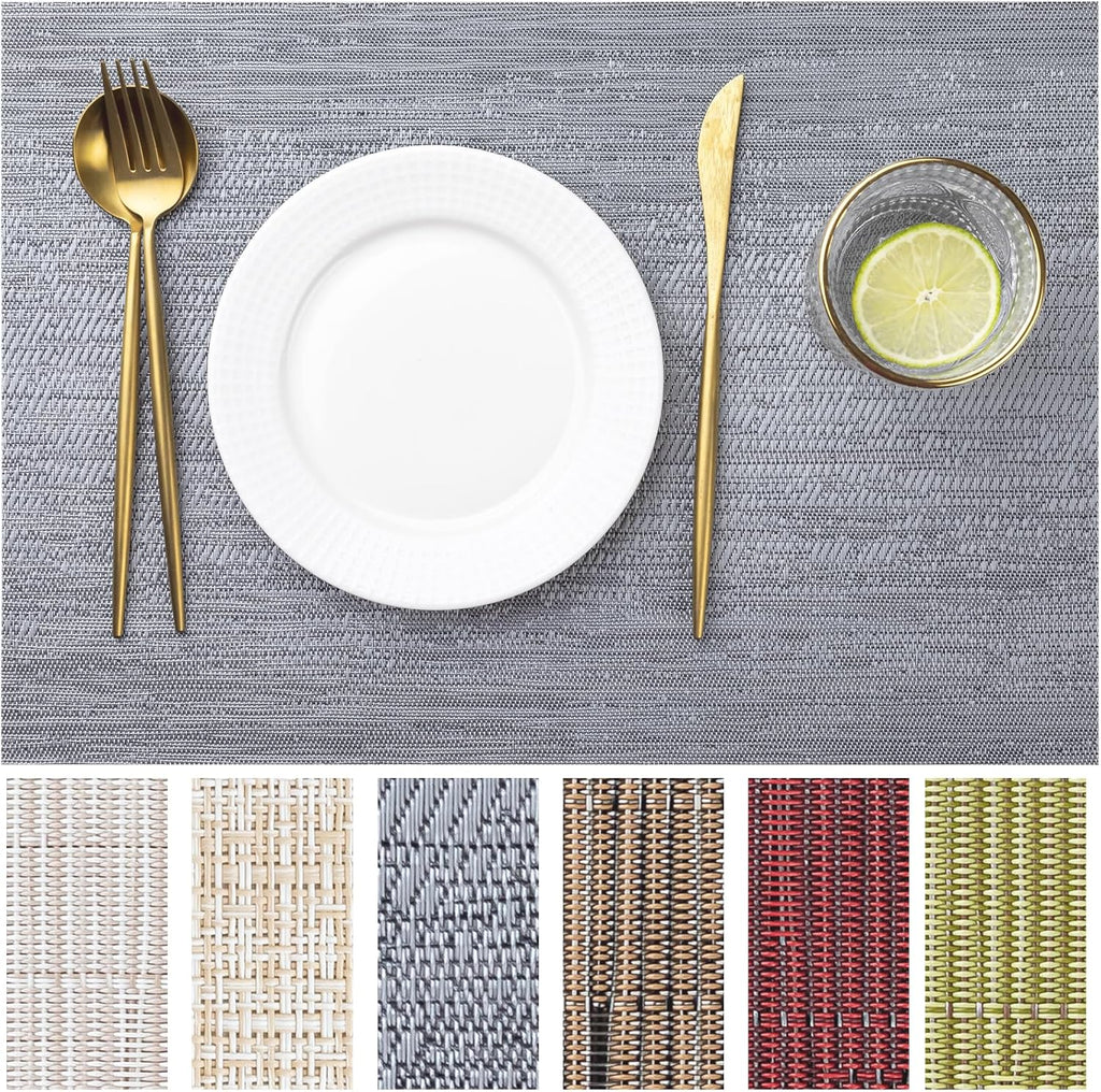 LEXMORE Placemats Set of 8 Vinyl/Plastic Woven Place Mats for Kitchen Table Indoor/Outdoor Washable Placemat Wipeable Dining Table Mats(Ombre Gray)