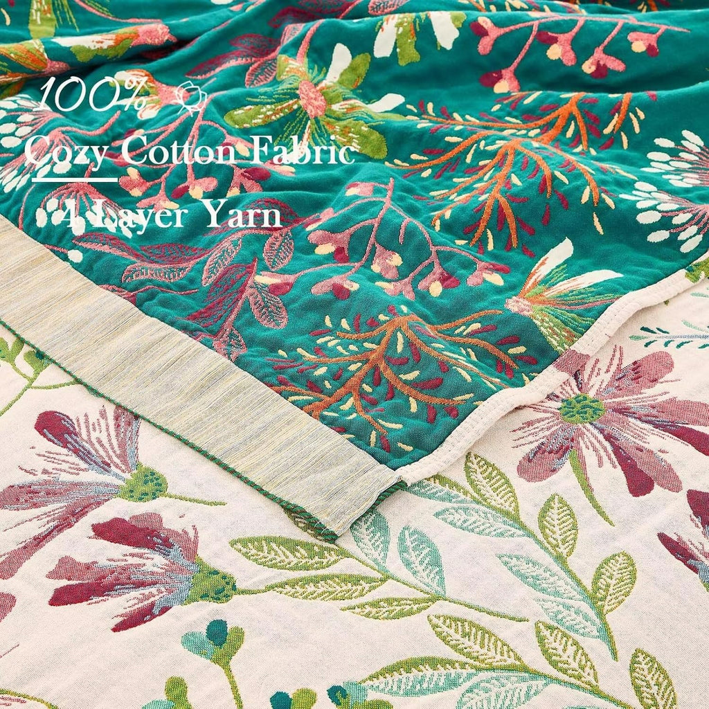 Boho Throw Blanket for Bed, 100% Cotton Soft Rustic Quilt Fall Blanket, 80" 90" Floral Printed Farmhouse Decor Bed Blankets, All Season Rustic Reversible Bohemian Throw Quilt