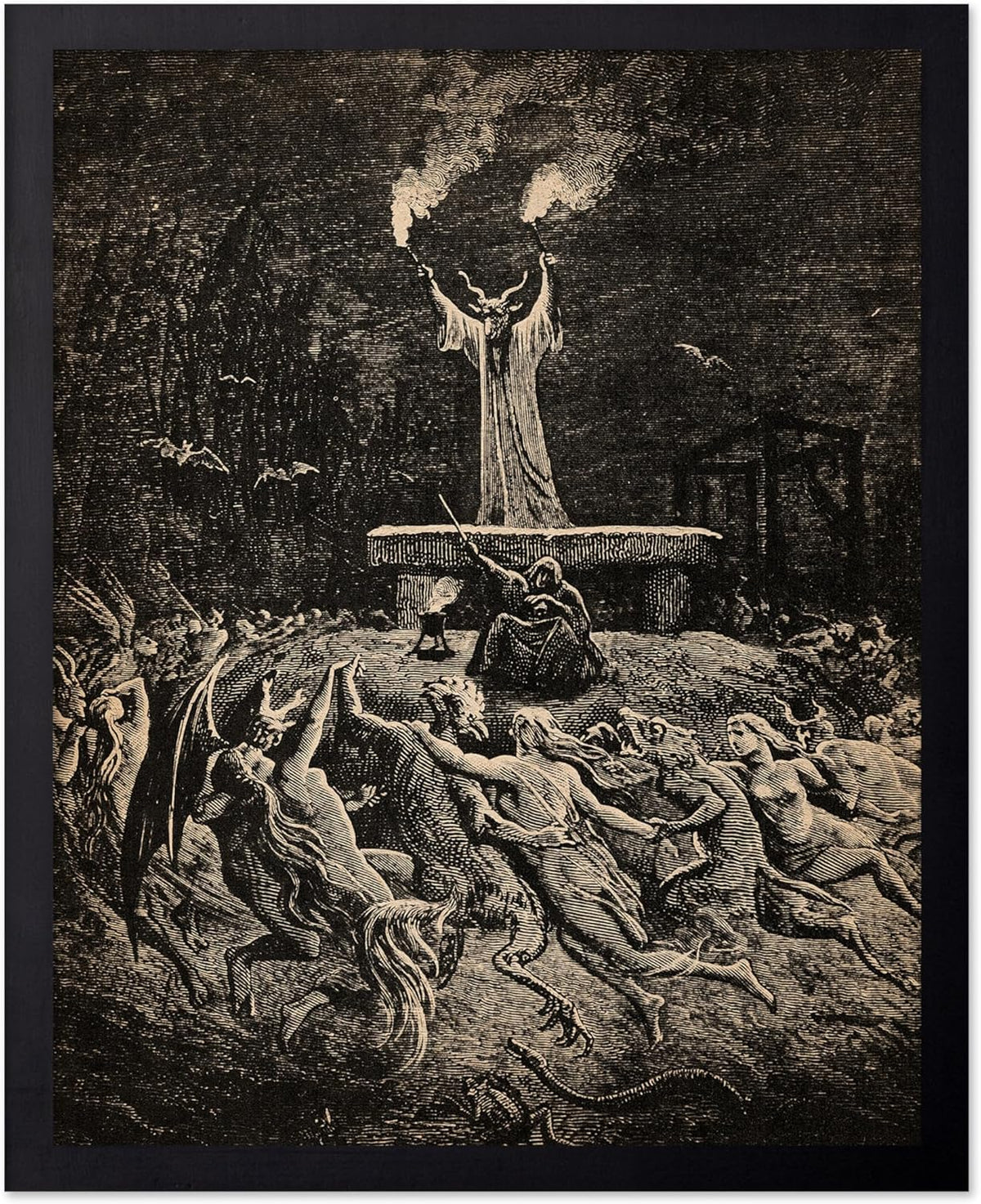 Poster Master Vintage Gustave Dore Poster - Retro Illustration Print - Gift for Gothic, Horror Fan - Dance of Sabbath, Witch, Magic, Spell - Wall Decor for Bedroom, Dorm, 11x14 Black Framed