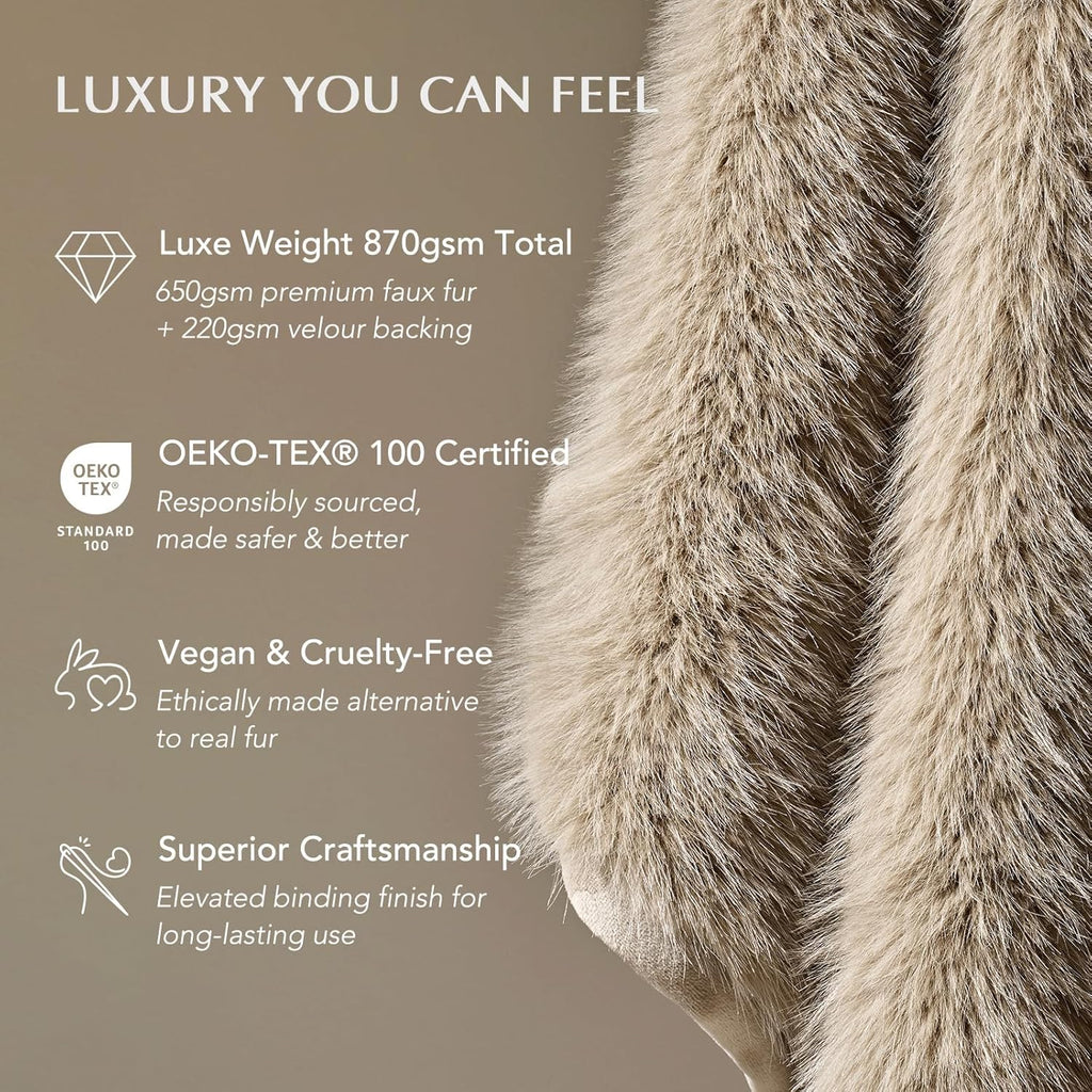 Luxury Faux Fur Throw Blanket, Soft Fluffy Faux Mink Blankets for Bed, Couch, Sofa, Thick Cozy Plush Warm Fur Throws with Reversible Velvet, Natural Mink, 50"x60"