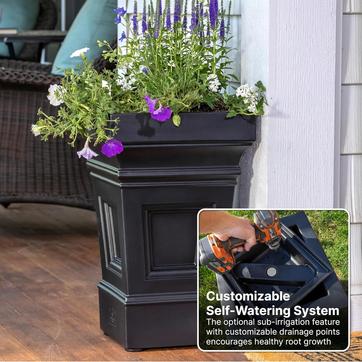 Step2 Atherton Square Planter, Large Planters for Outdoor Plants, Gardening and Flower Pot for Patio or Porch, Efficient Drainage, Durable Plastic, Onyx Black
