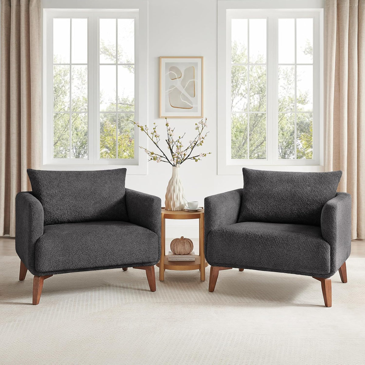 Oversized Accent Chair Modern Boucle Armchair for Living Room Sets of 2 - 37" Wide & Cozy Reading Chair with Solid Wood Legs, Dark Gray Upholstered Lounge Chair for Bedroom & Office (Easy Assembly)