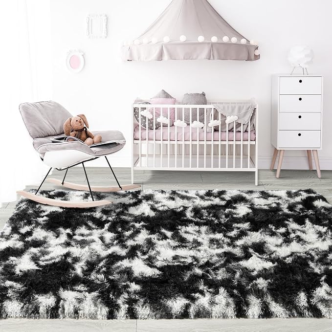 6x9 Large Tie-Dyed Black and White Fluffy Area Rug Non-Slip - Image 7