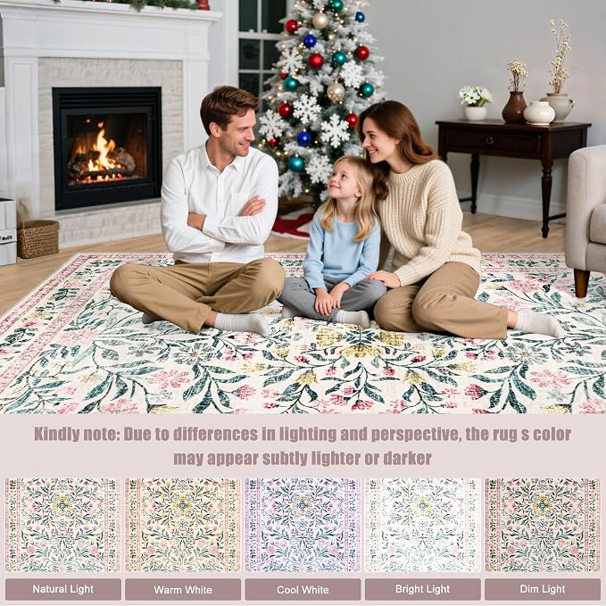 PLHXFR 8x10 Area Rug Living Room: Floral Washable Boho Carpet Pink Green | - Image 8