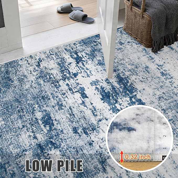 Round Area Rug Living Room: 5 ft Modern Washable Carpet Blue | - Image 6