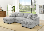 THSUPER Oversized U Shaped Plush Corduroy Fluffy Sectional Sleeper Sofa with Pull Out Bed and Double Storage Chaise for Living Room - Gray