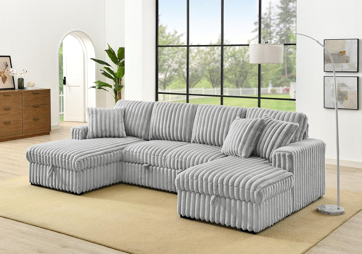 THSUPER Oversized U Shaped Plush Corduroy Fluffy Sectional Sleeper Sofa with Pull Out Bed and Double Storage Chaise for Living Room - Gray