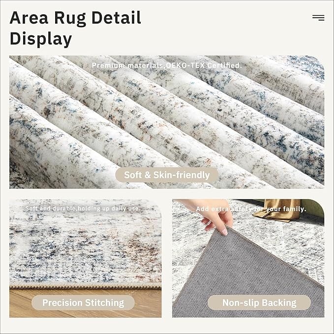 Soalmost 10x12 Area Rugs for Living Room Washable Rug Non-Slip Blue/Ivory | - Image 6