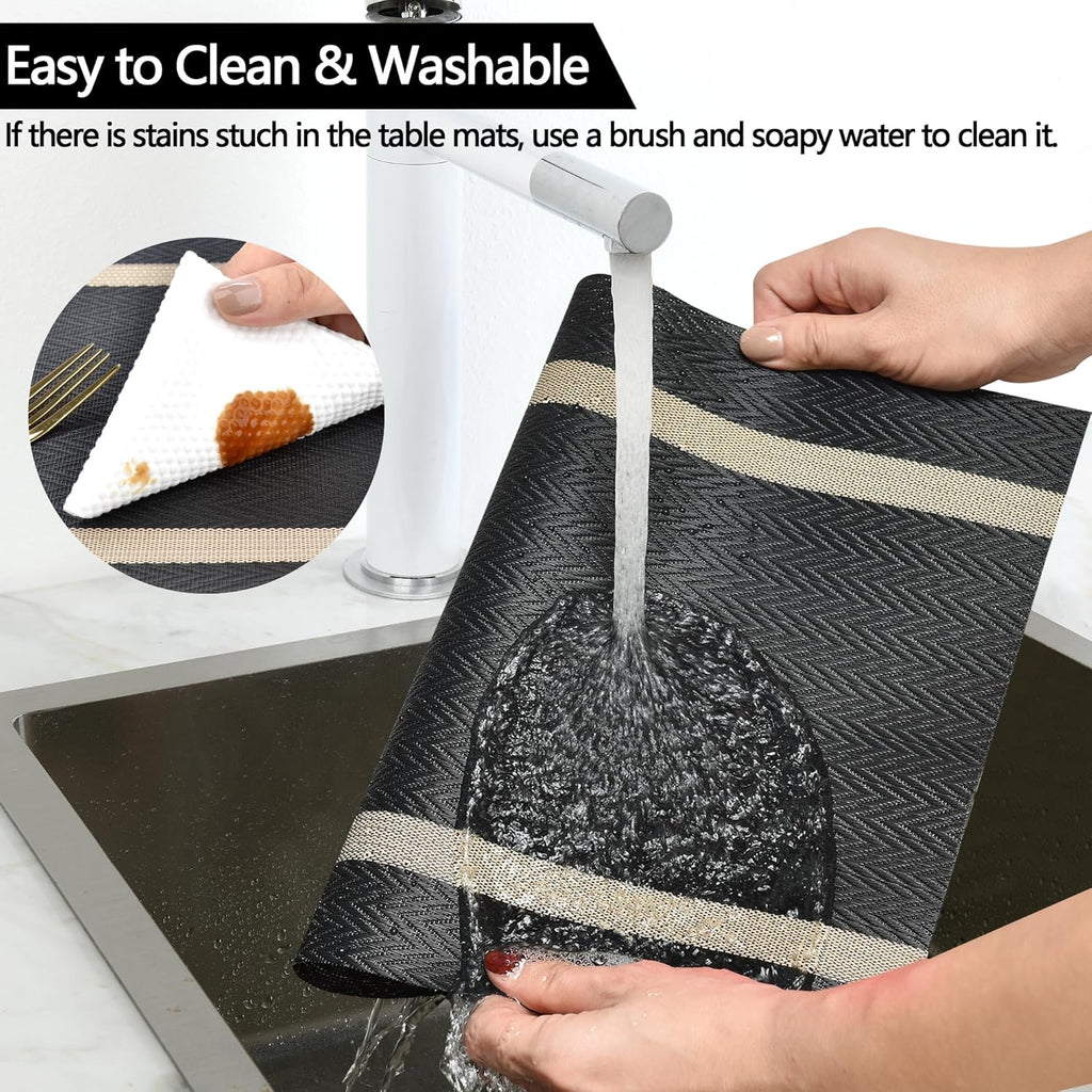 Black Placemats Set of 6 - Easy Clean Modern Durable Washable Vinyl Place Mats - Heat Resistant Placemats for Kitchen Table - PVC Table Mats for Dining Table (Black with Stripes, 6)