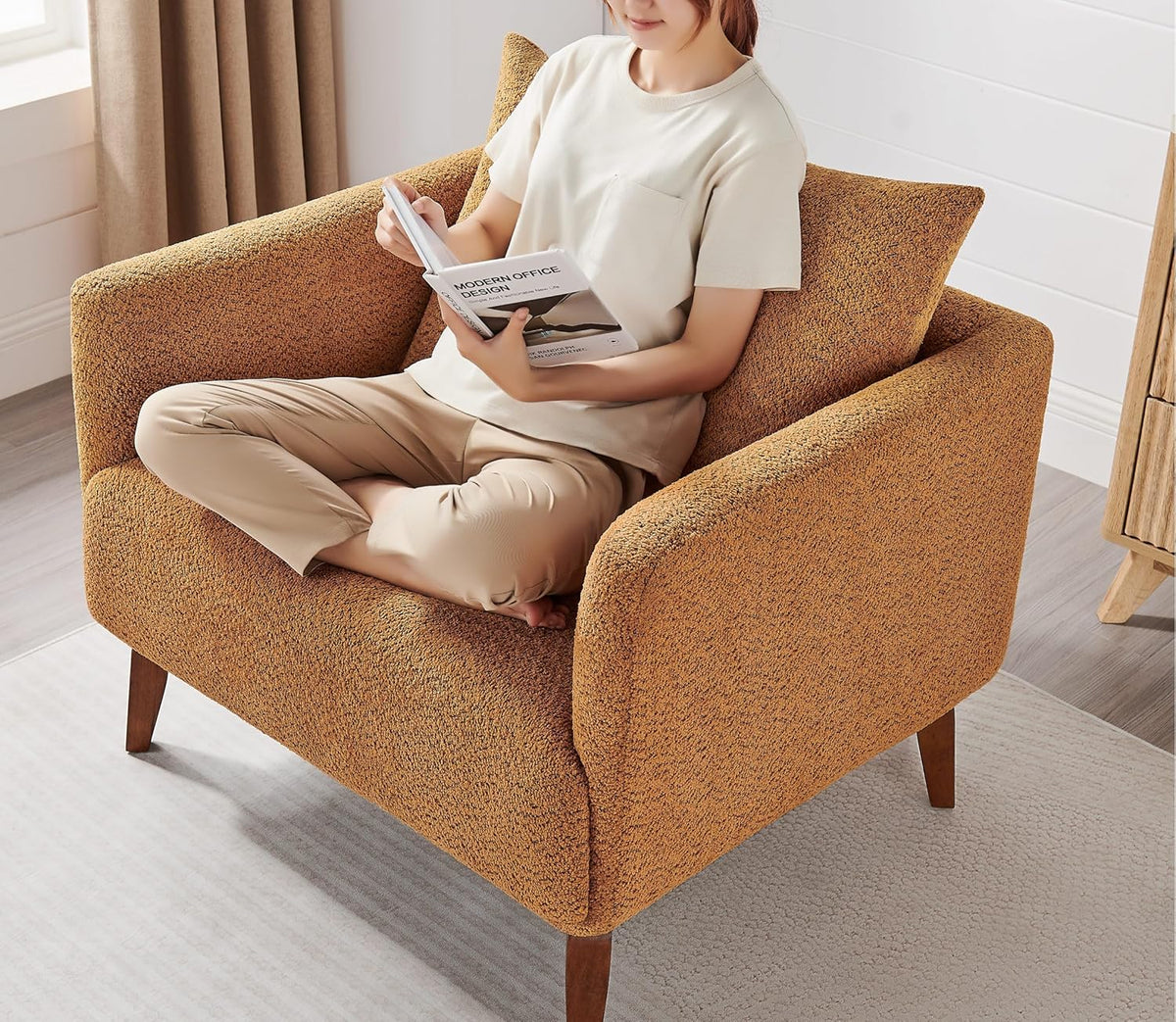 Oversized Accent Chair Modern Boucle Armchair for Living Room- 37" Wide Accent Chair with Solid Wood Legs, Curry Upholstered Lounge Chair for Bedroom & Office, Cozy Reading Chair (Easy Assembly)