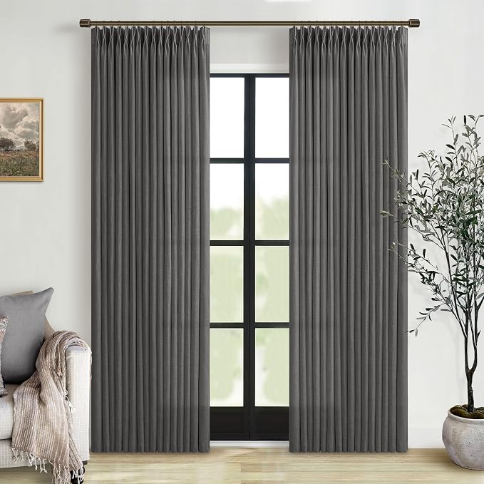 Pinch Pleat 105 Inches Linen Semi Sheer Dark Grey Curtains 50W | Charcoal Grey by Twodrapes
