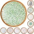 Round Rattan Tray with Mother of Pearl Inlay & Wooden Base - Decorative Wicker Serving Tray for Coffee/Bread/Fruits, Food Storage & Display - Multipurpose Home Decor (L,Green Leaves)