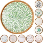 Round Rattan Tray with Mother of Pearl Inlay & Wooden Base - Decorative Wicker Serving Tray for Coffee/Bread/Fruits, Food Storage & Display - Multipurpose Home Decor (L,Green Leaves)