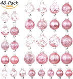 Sea Team Christmas Baubles Set of 48 Shatterproof Clear Plastic Christmas Baubles Multi-Size Decorative Baubles with Stuffed Delicate Decorations (48 Pieces, Pink)