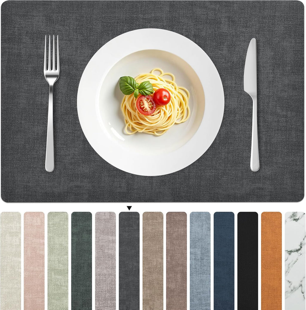 FROMHEART Faux Leather Placemats Set of 6–Waterproof,Heat/Oil Stain-Resistant PU Table Mat–Reversible,Non-Slip,Easy to Clean Place Mats for Kitchen,Dining,Indoor/Outdoor,(Dark Grey,11.8" x 17")