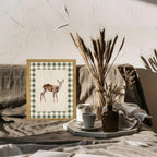 Wood Framed Deer Wall Art Print, Woodland Baby Deer Canvas Poster Wall Decor, Vintage Rustic Green Gingham Farmhouse Animal Picture for Living Room Kitchen Bedroom Nursery Decor, 8x10 inch