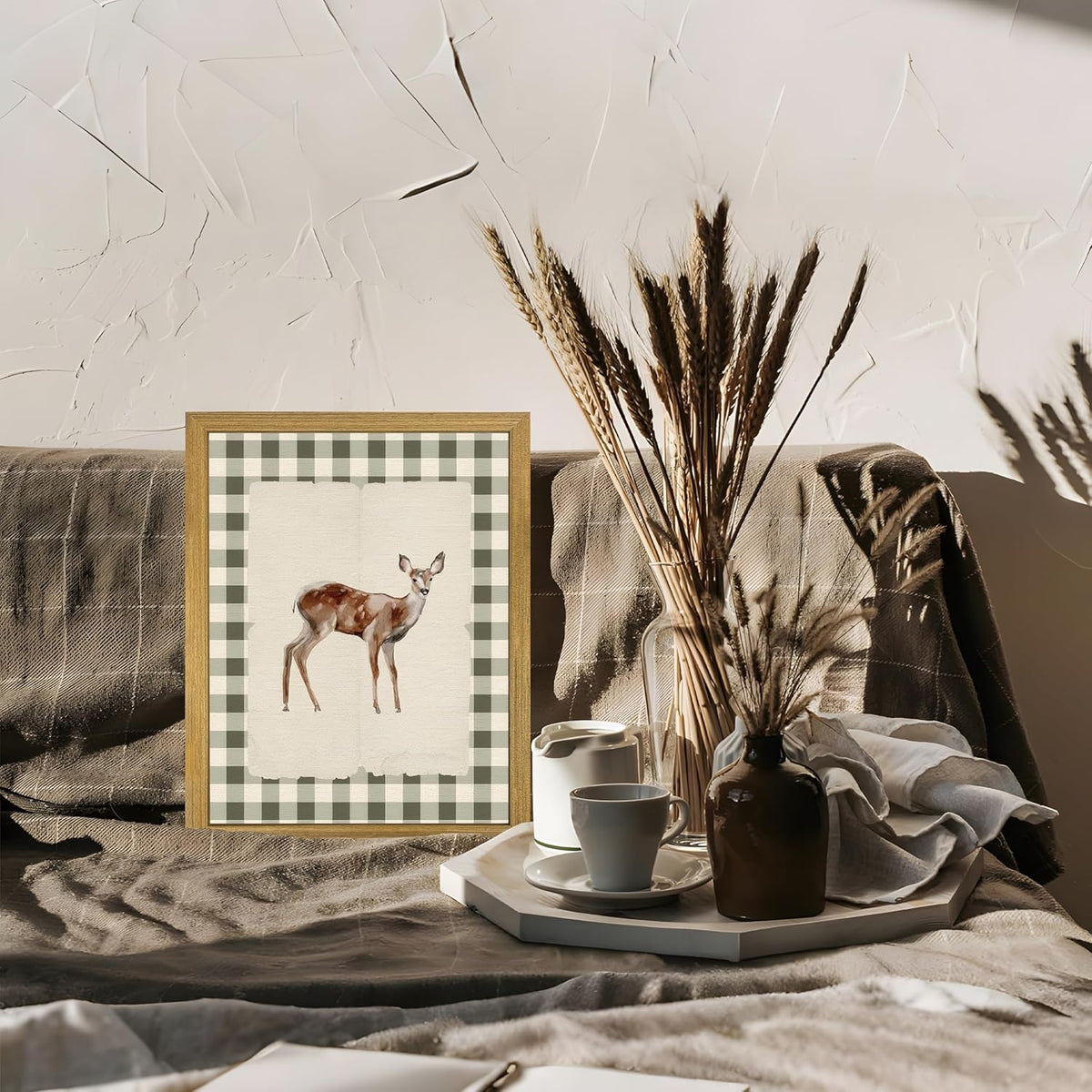 Wood Framed Deer Wall Art Print, Woodland Baby Deer Canvas Poster Wall Decor, Vintage Rustic Green Gingham Farmhouse Animal Picture for Living Room Kitchen Bedroom Nursery Decor, 8x10 inch