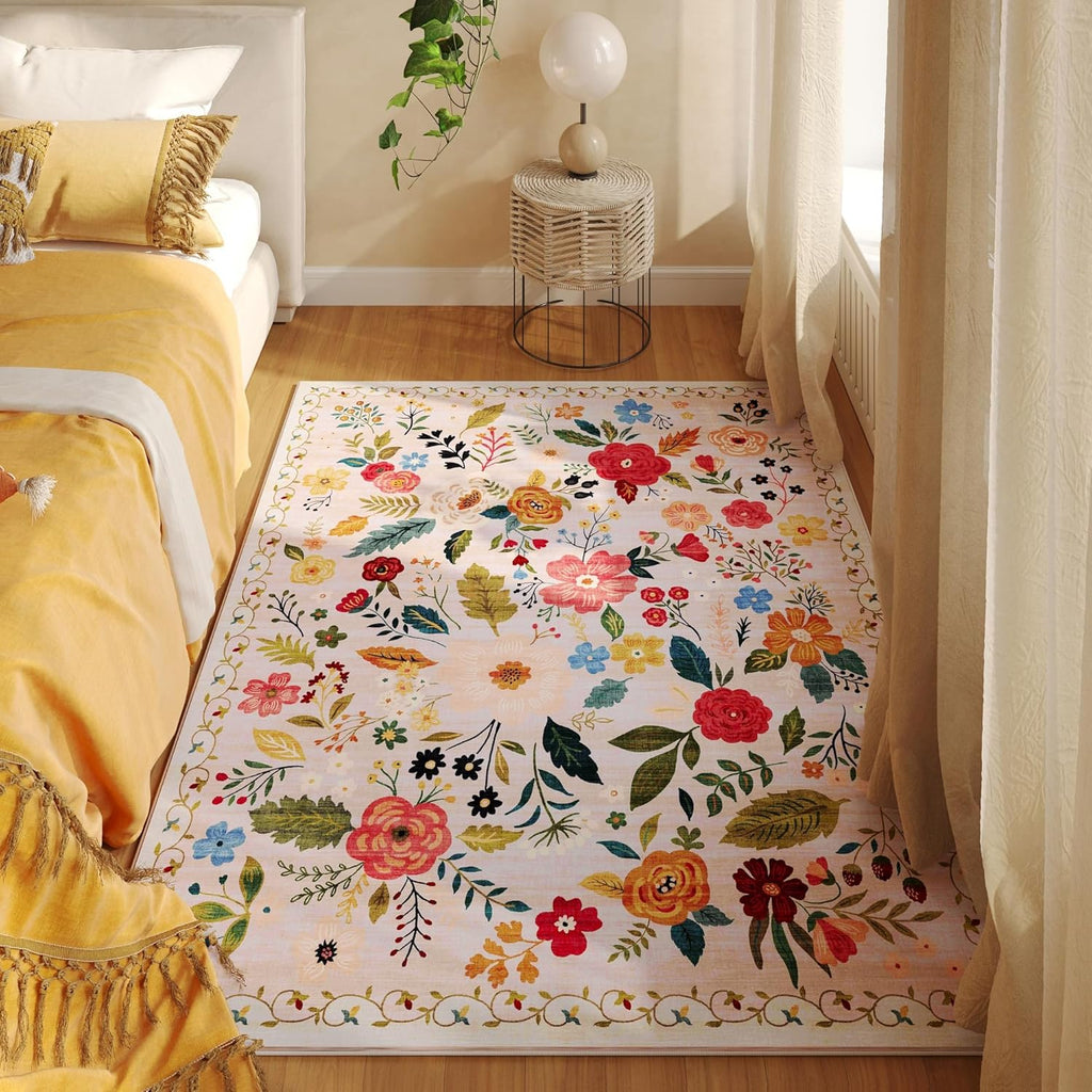 Bedroom Rug 3x5 Rug Washable Area Rug Non Slip Low Pile Boho Floral Small Carpet for Bedroom, Bedside, Kitchen, Entryway, Kids Room, Office, College Dorm Essentials for Girls(Beige)
