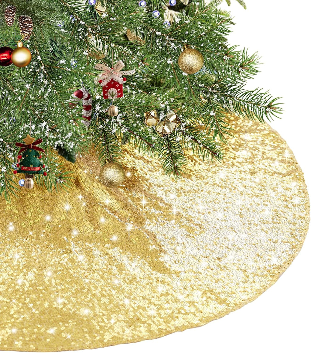 Eternal Beauty Christmas Tree Skirt, 36 Inch Gold Sequin Tree Skirt Small Xmas Tree Skirt for Christmas Tree Decorations