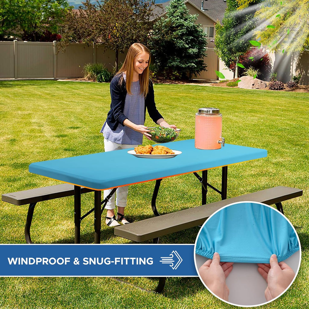 Spandex Table Cover for 6 Foot Rectangle Tables-4 Pack Light Blue Outdoor Picnic Elastic Table Cover-Spandex Stretch Folding Table Cloths for Camping Dining Room Patio Kitchen Banquet Party
