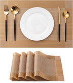 CADONO Placemats Set of 4 Washable Indoor/Outdoor Vinyl Place Mats for Dining Table Durable Non-Slip Heat Resistant PVC Weave Table Mats（Gold Cube）