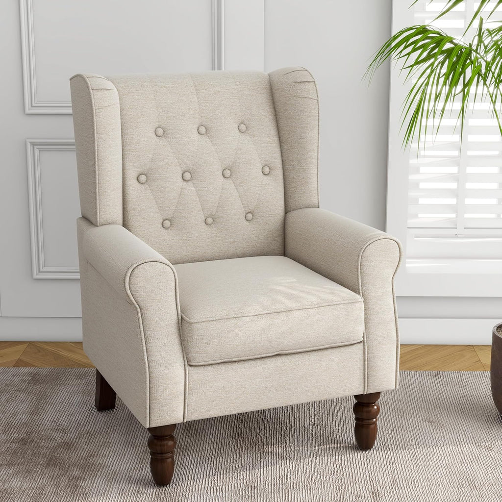 Lumibee High Back Accent Chair,Upholstered Wingback Armchair with Solid Wood Legs for Small Spaces,Comfy Single Sofa Chair for Living Room,Bedroom,Office-Beige