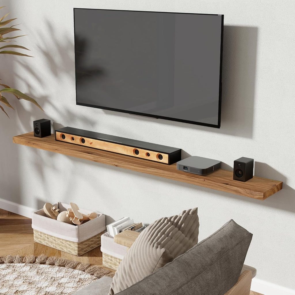 72" Floating Shelves for Wall, Rustic Elm Wood Floating Shelf for Home Decor, Wall-Mounted Display Shelves with Heavy-Duty Bracket, Long Floating Shelf for Bathroom, Kitchen, Natural Color