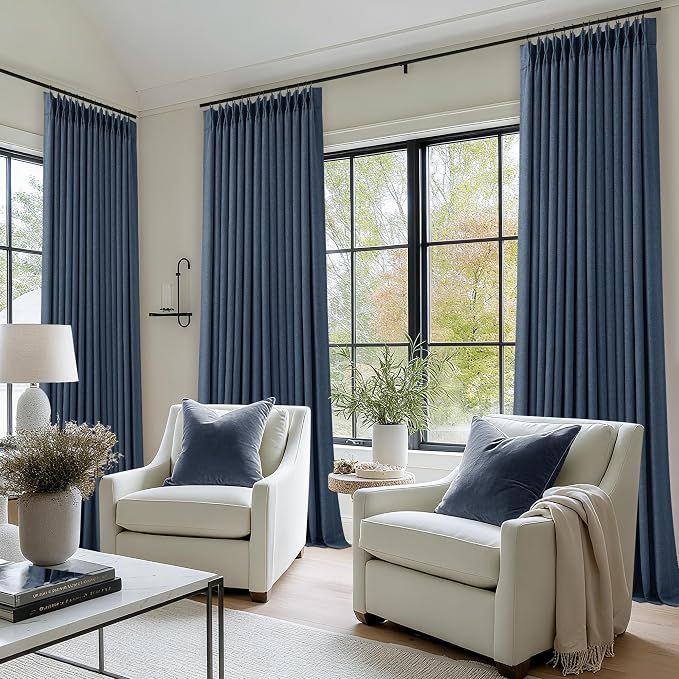 Dark Blue 96 Inch Pinch Pleated Blackout Memory Trained Linen Curtains | Memory - Image 8