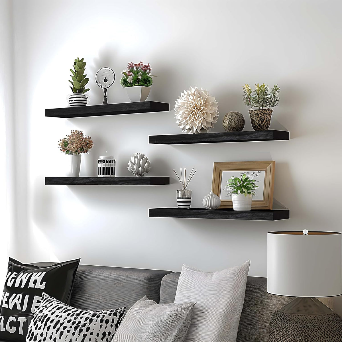 Black Wood Floating Shelves for Wall Rustic Wall Shelves for Bedroom Set of 6