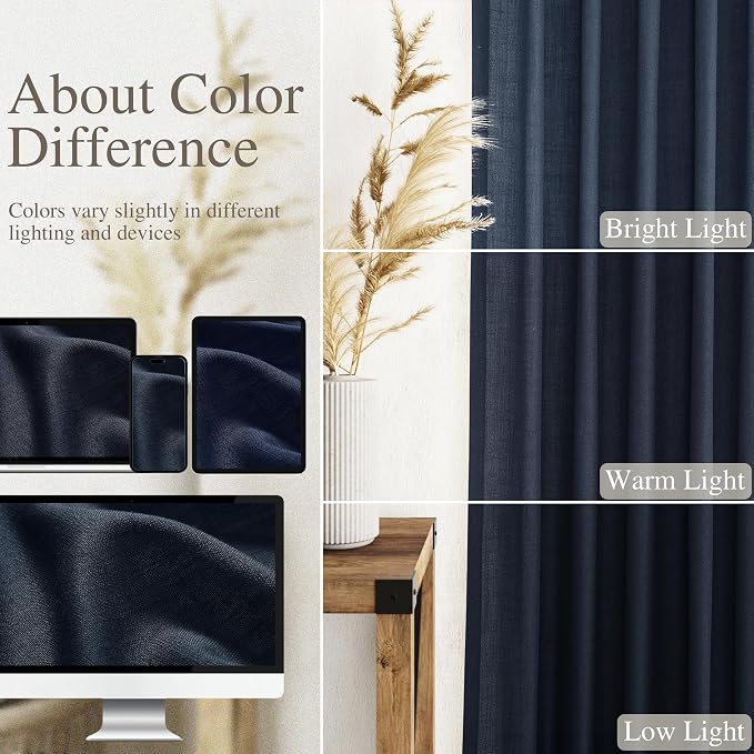 Navy Blue Boho Curtains for Bedroom Back Tab Rod Pocket Semi Sheer Linen - Image 4