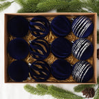 Christmas Ornaments Set of 12, 3.15" Flocked Velvet Balls with Hand Painted Designs, Navy Blue Elegant Christmas Tree Decorations in Gift Box