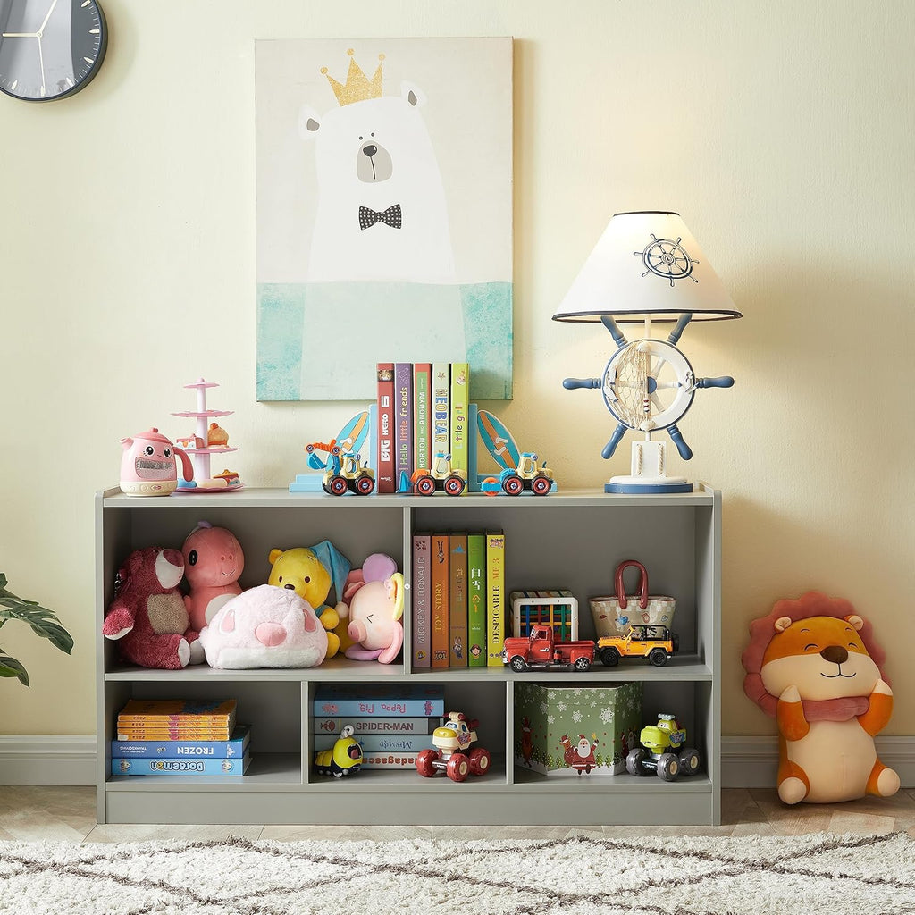Toy Organizers and Storage, 5-Section Kids Bookshelf for Organizing Books Toys, School Classroom Wooden Storage Cabinet for Children's Room, Playroom, Nursery (Grey)
