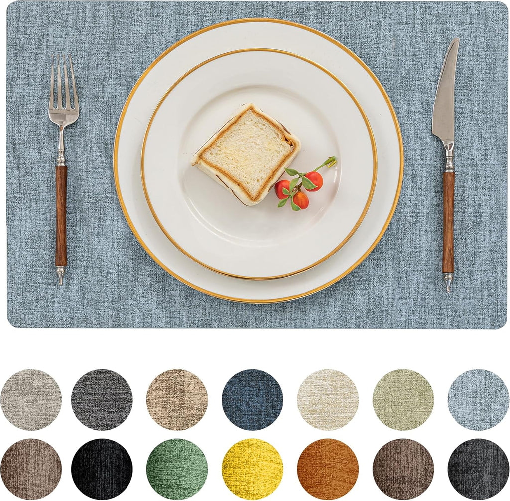Romanstile Vinyl Placemats Set of 4-12 X 18 Inch - Heat Resistant Place Mats 100% Waterproof Oilproof Wipeable Reversible Faux Leather Table Mats for Kitchen/Dining/Party/Outdoor, Sky Blue