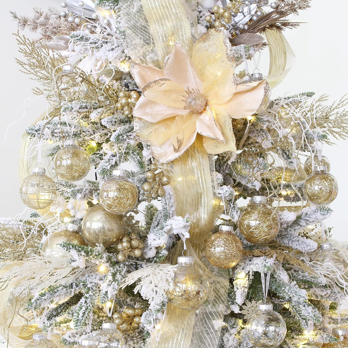 Sea Team Christmas Baubles Set Clear Plastic Shatterproof Multi-Size Decorative Christmas Baubles with Stuffed Delicate Decorations (25 Pieces, Gold)