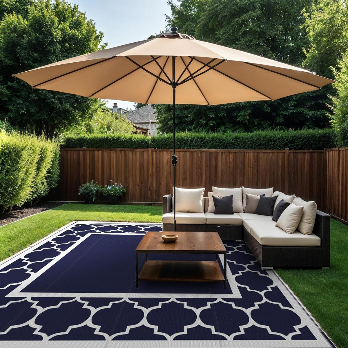 GENIMO 10 ' x 10 ' Outdoor Rug Waterproof for Patio Decor, Foldable Reversible Plastic Straw Area Rugs Mat for Camper, Outside Carpet for Rv, Deck, Porch, Picnic, Beach, Balcony, Blue & White