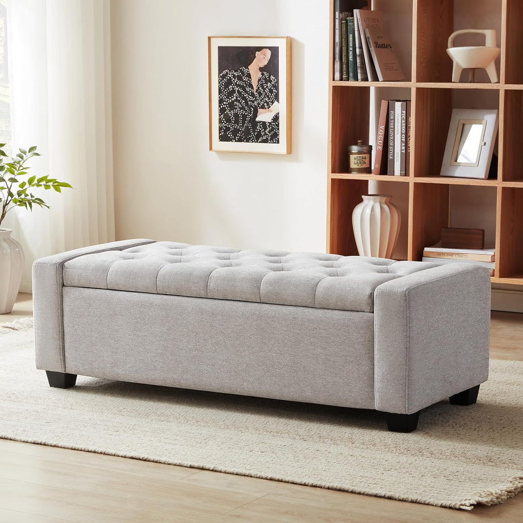 48" Ottoman with Storage, Storage Ottoman Bench with Safety Hinge, Upholstered Entryway Bench with Seating for Bedroom, Living Room, Holds up to 330 lb(Light Gray)