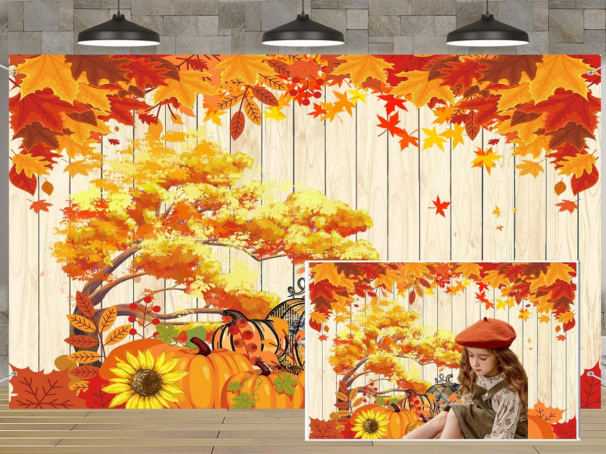 QGHOT Fall Tapestry Wall Hanging Autumn Photo Backdrop Rustic Orange Wood Tapestry Tree Maple Leaf Pumpkin Nature Landscape Country Tapestries for Bedroom Room Thanksgiving Decor (59.1"x51.2")