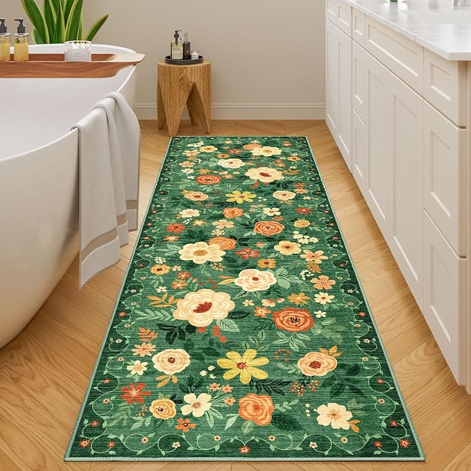 DUKINO 2x10 Runner Rug, Washable Kitchen Runner Rug Non Slip, Dark Green | Soft - Image 3