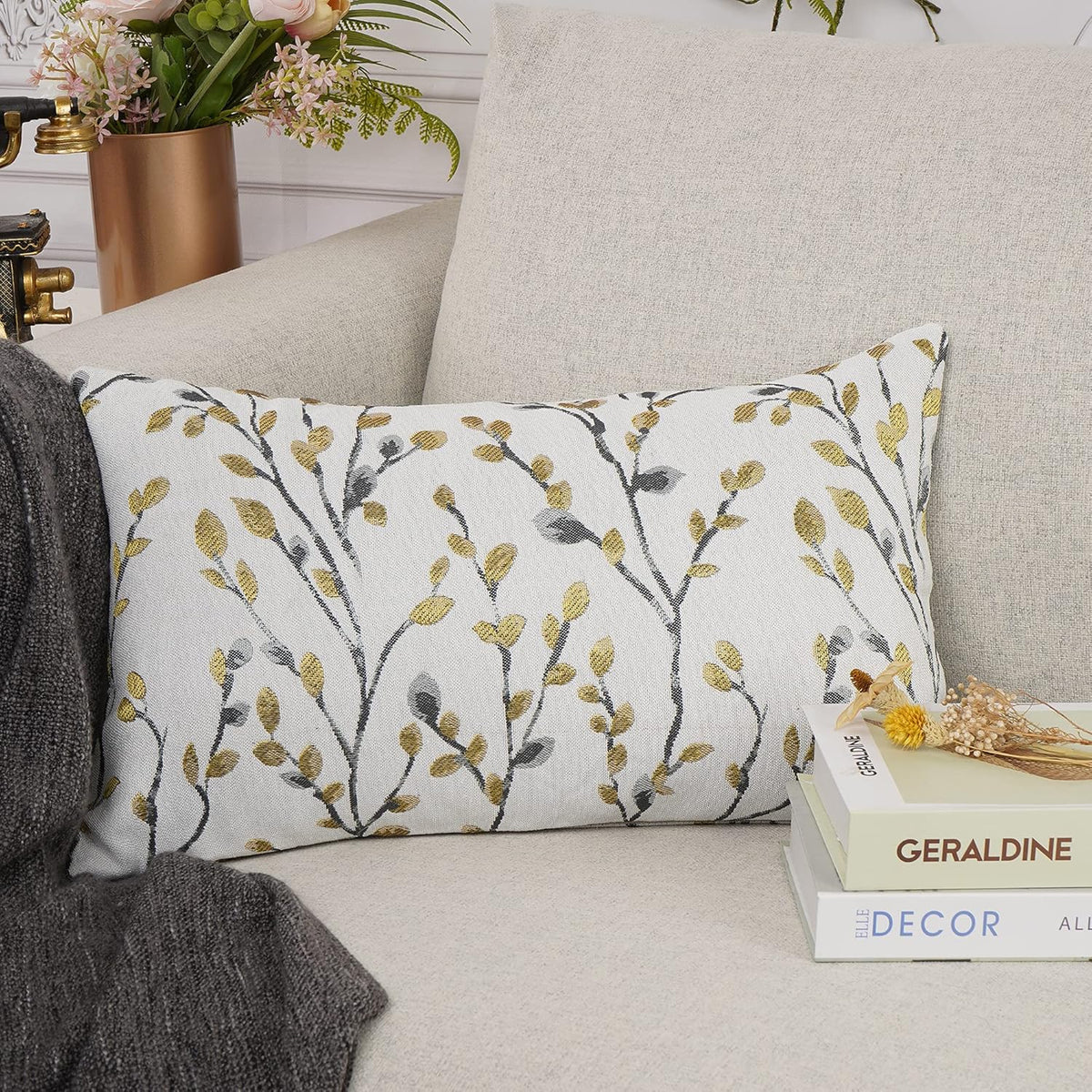YOUR SMILE Classical Embroidery Jacquard Yellow/Gold Square Decorative Throw Pillow Case Cushion Cover,12x20 inch