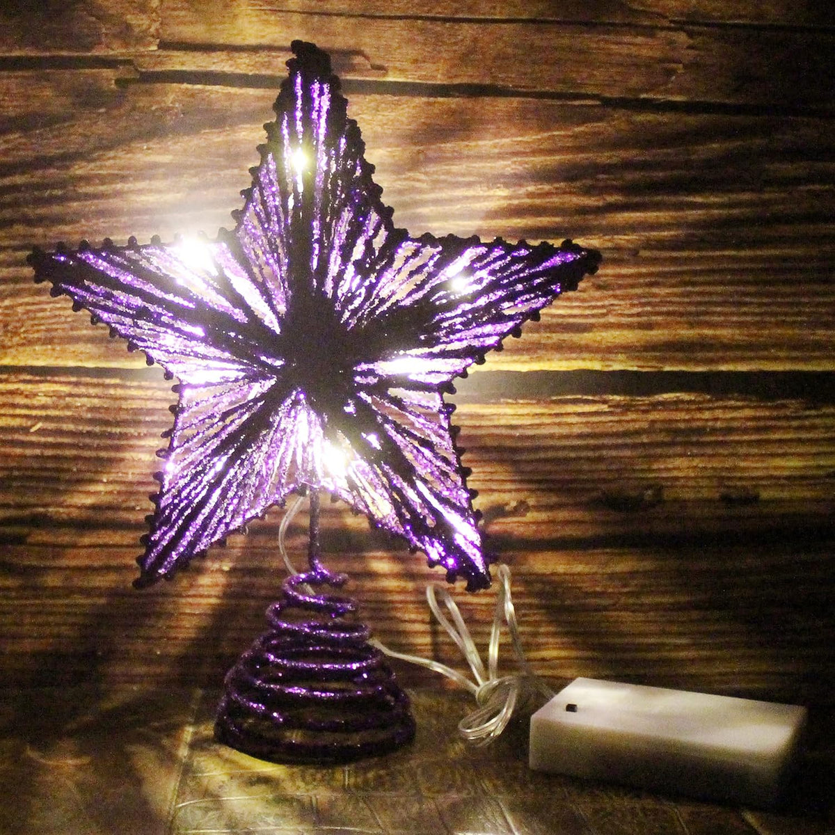 CVHOMEDECO. Purple Glittered 3D Tree Top Star with Warm White LED Lights and Timer for Christmas Tree Decoration and Holiday Seasonal Décor, 8 x 10 Inch