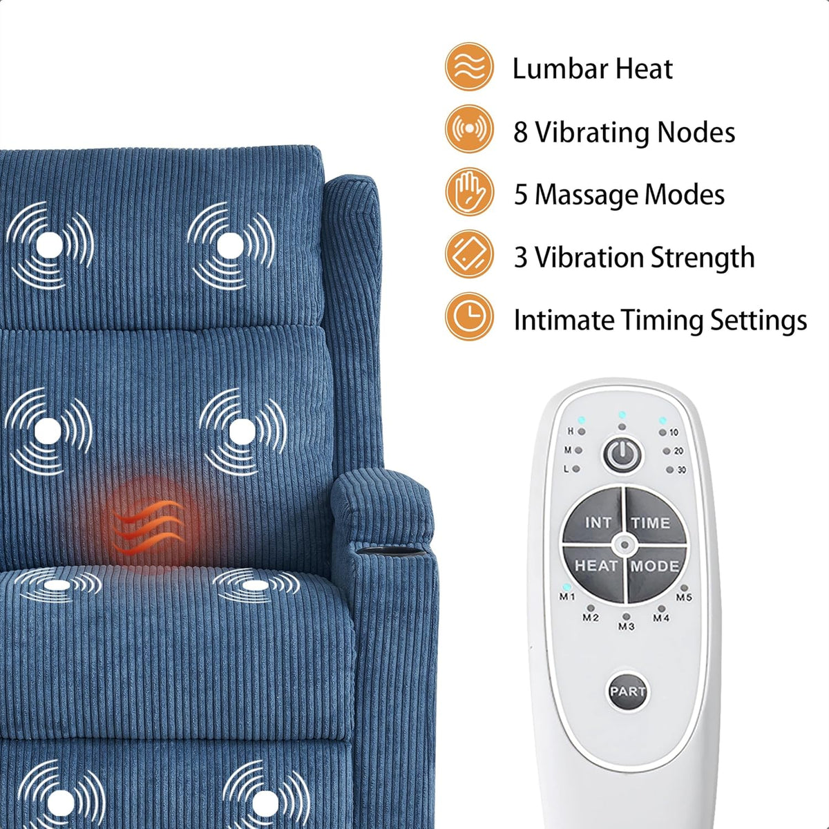 Lift Recliner Chair for Adults with Massage and Heating, Power Lift Recliner Chairs for Elderly, Corduroy Fabric Reclining Chair with USB &Type-C Port, Cup Holders, L6111 (Blue)