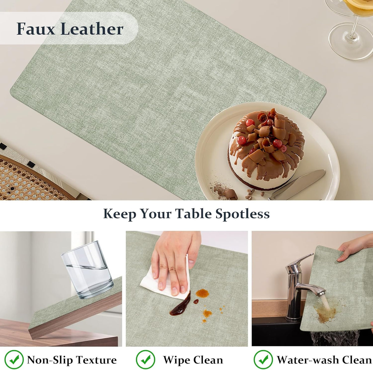 FROMHEART Faux Leather Placemats Set of 6–Waterproof,Heat/Oil Stain-Resistant PU Table Mat–Reversible,Non-Slip,Easy to Clean Place Mats for Kitchen,Dining,Indoor/Outdoor,(Light Green,11.8" x 17")