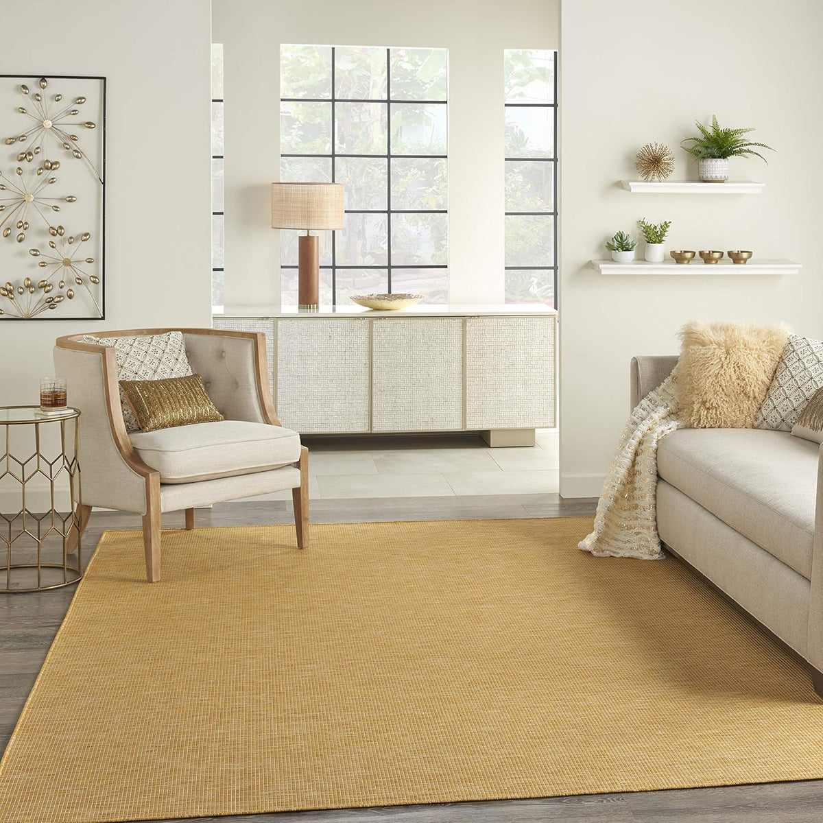 Nourison Positano Indoor/Outdoor Yellow 6' x Round Area Rug, Easy Cleaning, Non Shedding, Bed Room, Living Room, Dining Room, Backyard, Deck, Patio (6 Round)