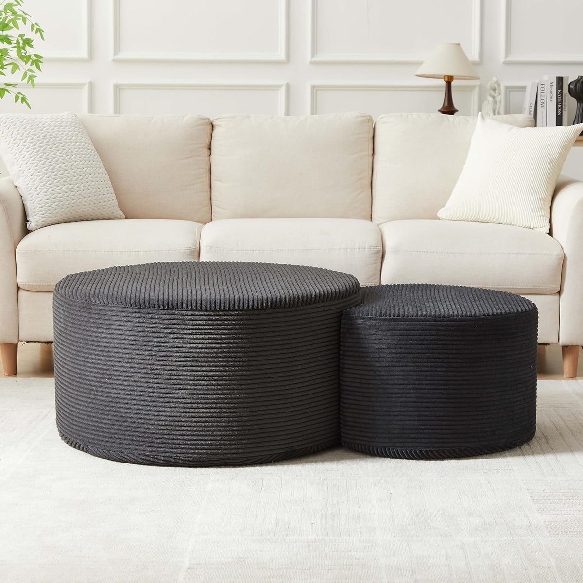 WILLIAMSPACE 50" Foam Nesting Coffee Table Set of 2, Modern Upholstered Round Center Tables for Living Room, Accent Side Tea Table Ottoman, No Assembly - Black