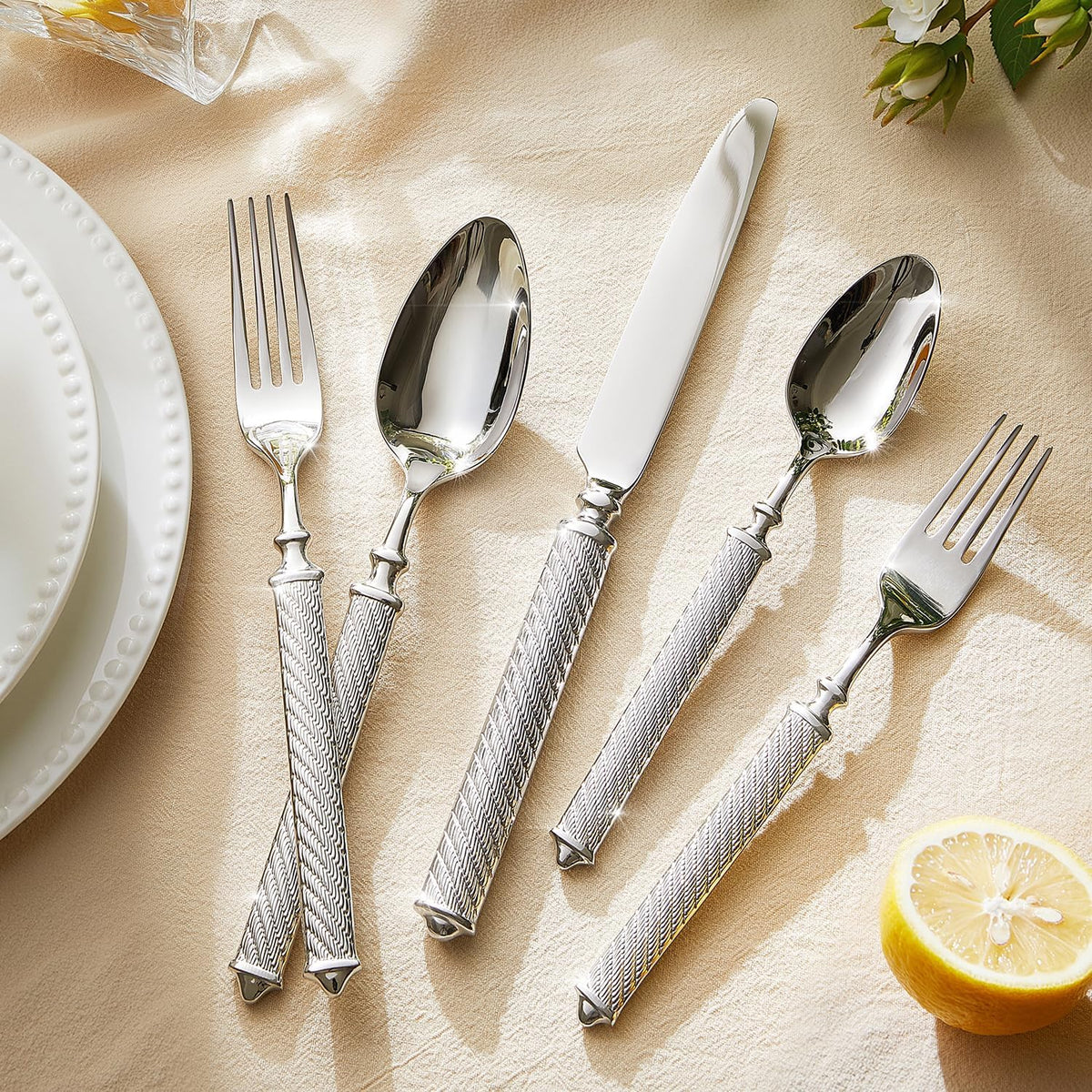 KINGSTONE Retro Rope-Pattern Silverware Set, 5-Piece Flatware Set Cutlery Set Forged with Handcrafted Texture Handles 18/10 Stainless Steel, Dishwasher Safe