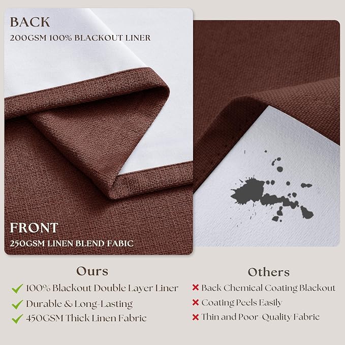 Chestnut Brown 96 Inch Blackout Pinch Pleated Curtains 2 Panels | Thick Linen - Image 6