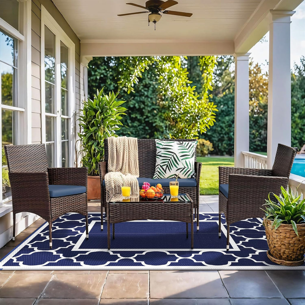 GENIMO 6' x 9' Outdoor Rug Waterproof for Patio Fall Decor, Foldable Reversible Plastic Straw Area Rugs Mat for Camper, Outside Carpet for Rv, Deck, Porch, Picnic, Beach, Balcony, Blue & Grey
